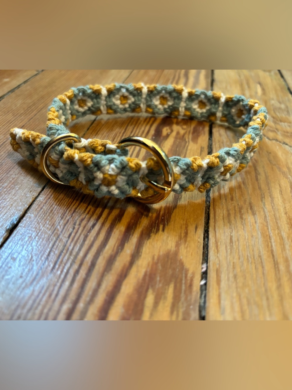 Handmade Macrame Dog Collar, Gold Hardware - Yellow & Light Blue with Daisies